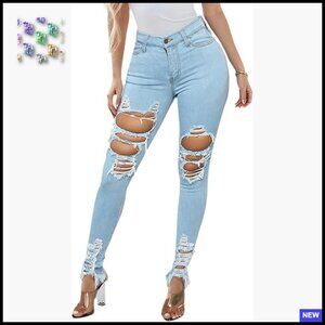 Ripped Skinny Jeans Mid Rise Destroyed Denim Stretch Slim Fit Pants